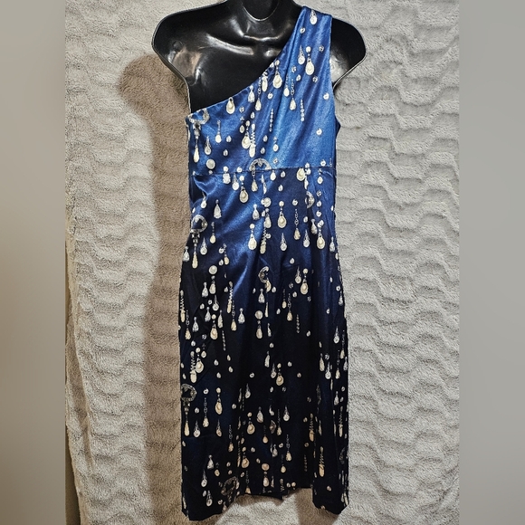 David Meister Blue Pearl Satin One Shoulder Sheath Cocktail Dress Jewel Print 6 - Picture 5 of 15